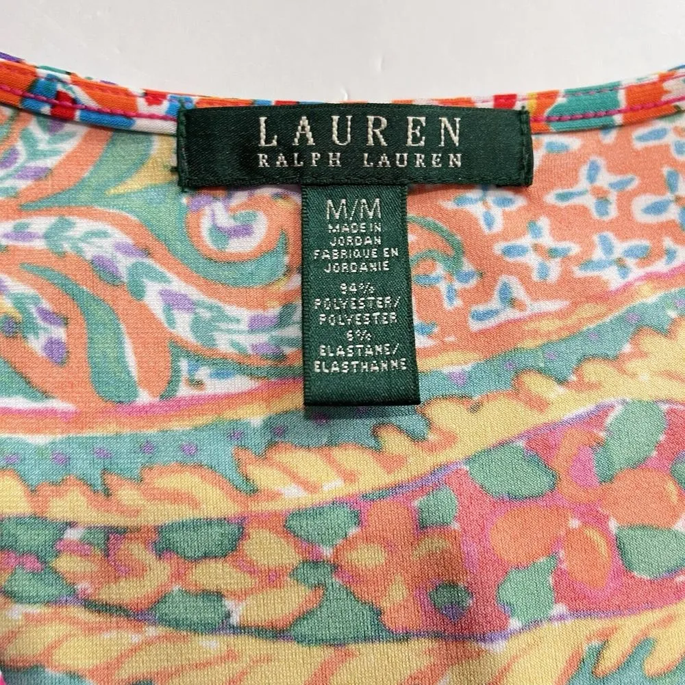 Ralph Lauren‎ Pink Teal Paisley Surplice V Neck Sleeveless Stretch Dress MEDIUM - Image 8