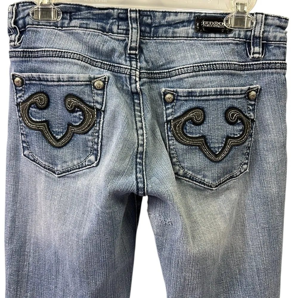 Bebock for Express Distressed Mid Rise Flare Embellished Pocket Blue Jeans 8 - Image 5