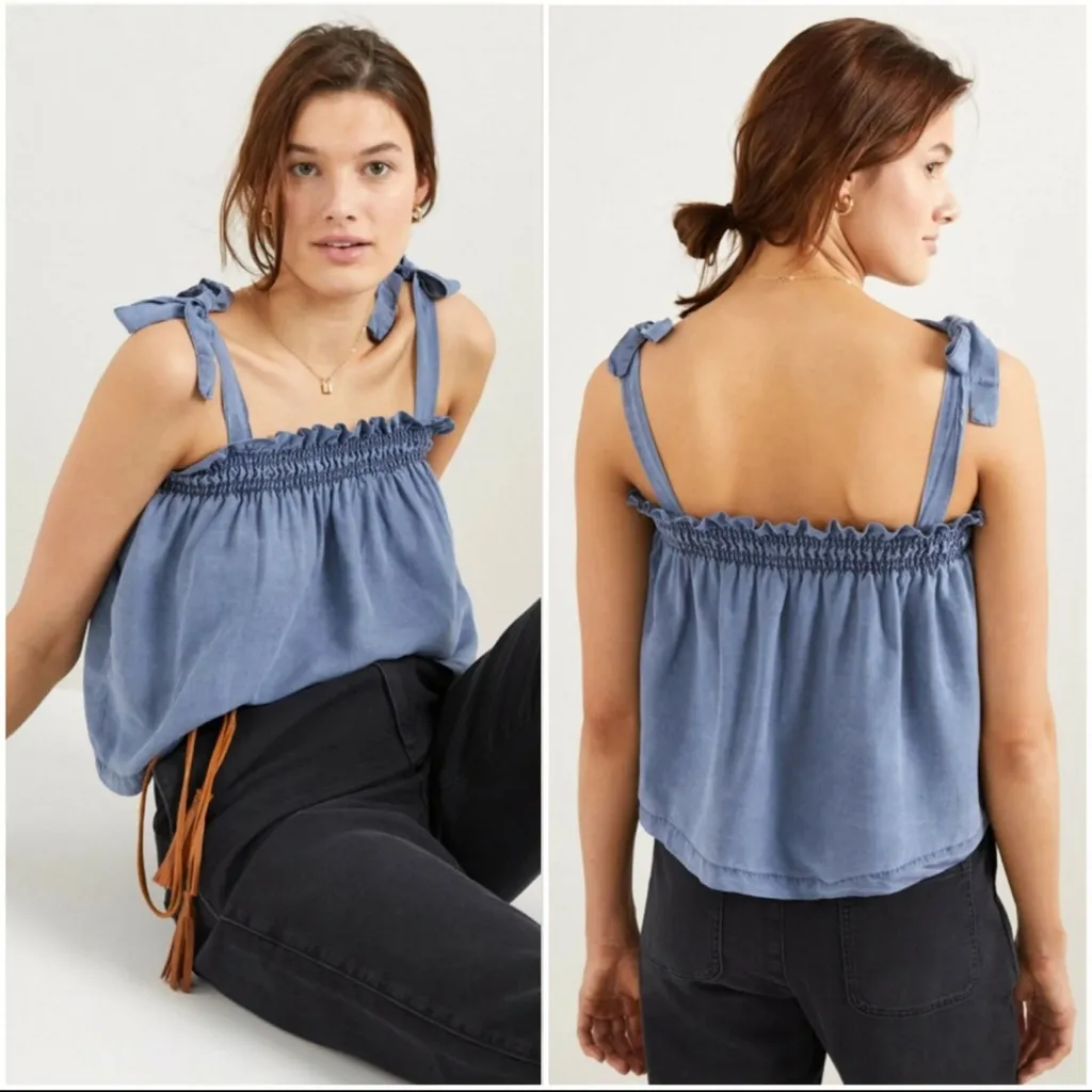 Anthropologie Cloth & Stone Ruffle Chambray Tie Shoulder Tank Top Women’s Small - Image 2