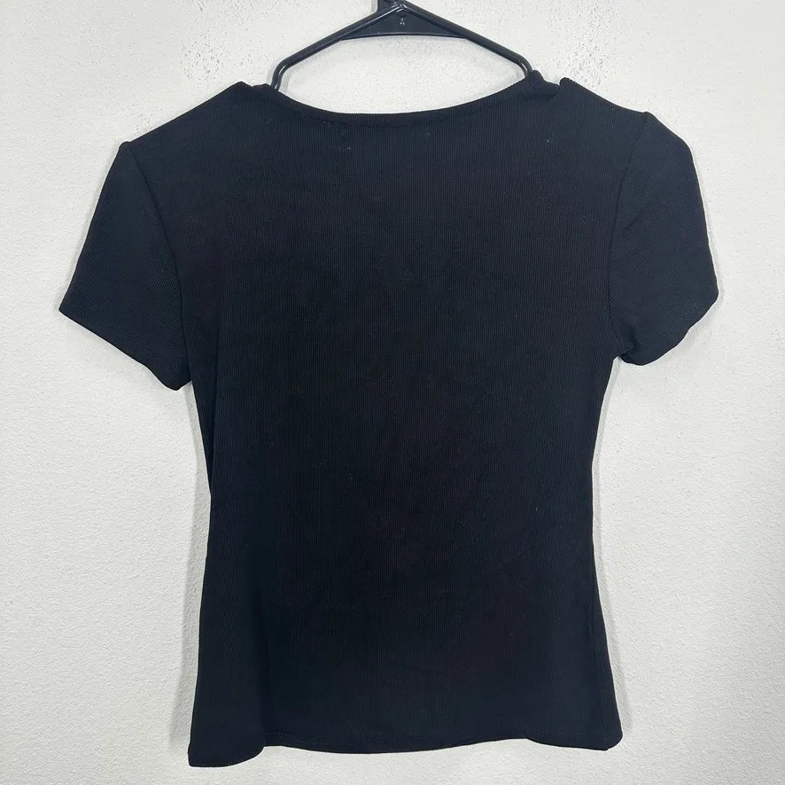 elodie Black Ribbed Twist Front V Neck Short Sleeve Top Womens Medium NWT Casual - Image 8