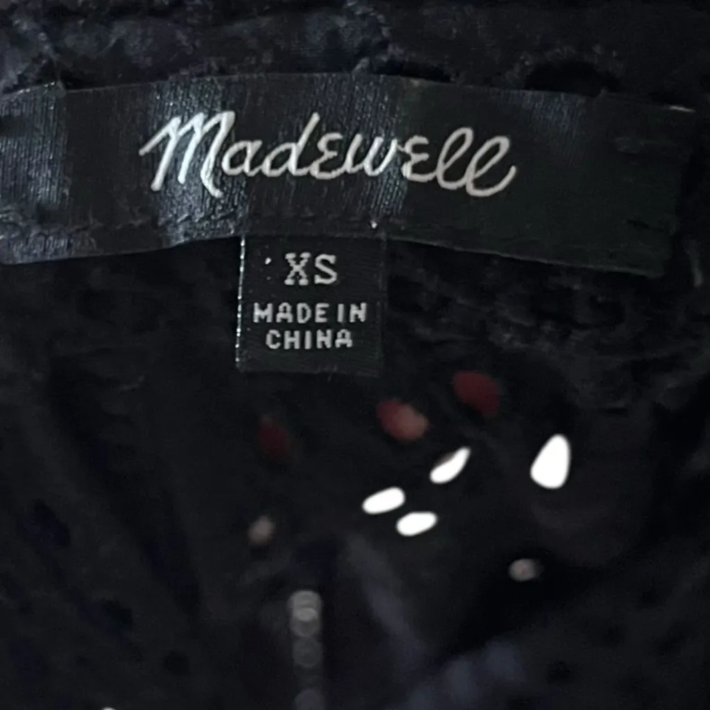 Madewell Black‎ Lace Ruffle Blouse Eyelet Mockneck Ruffle Tie Back Size XS - Image 6