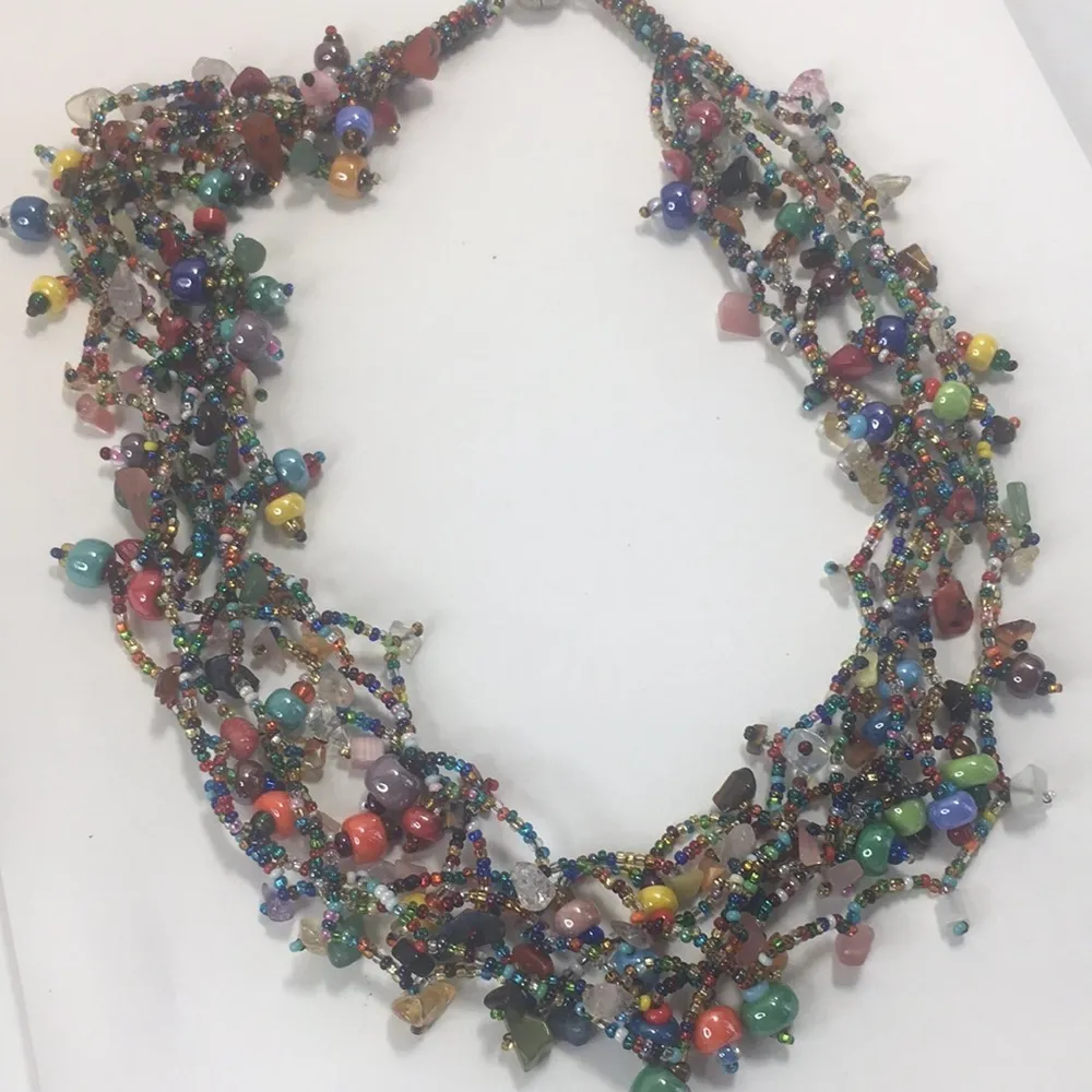 Artisanal Multi-layer seed bead glass stone chip necklace 7 strands multi-color - Image 6