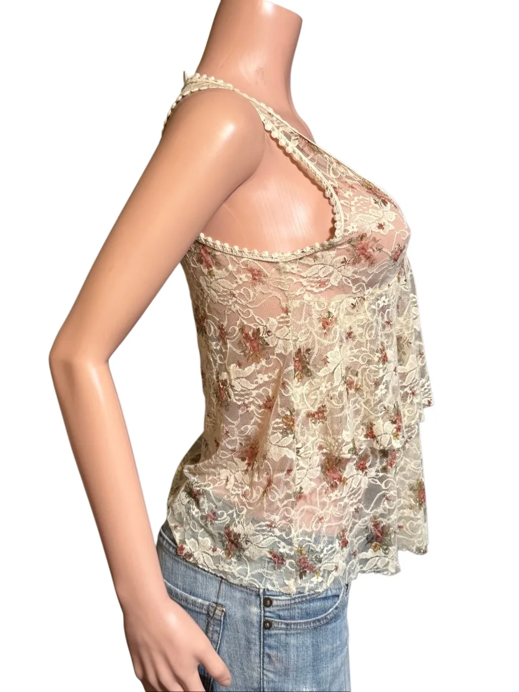 January 7 floral print embellished sheer top M Tan Size M - Image 3