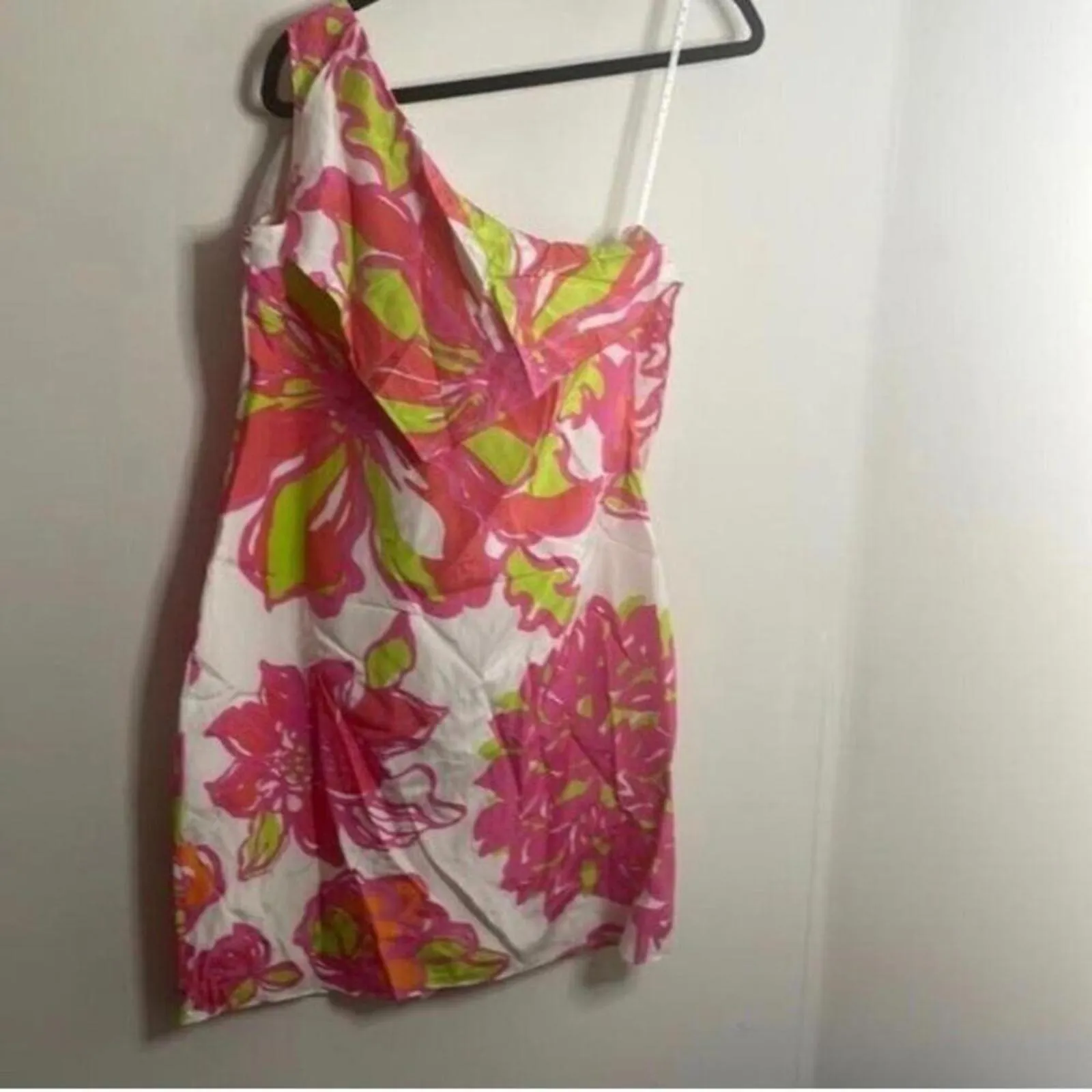 Lilly Pulitzer Pink Green White One Shoulder Floral Silk Blend Dress - Image 7