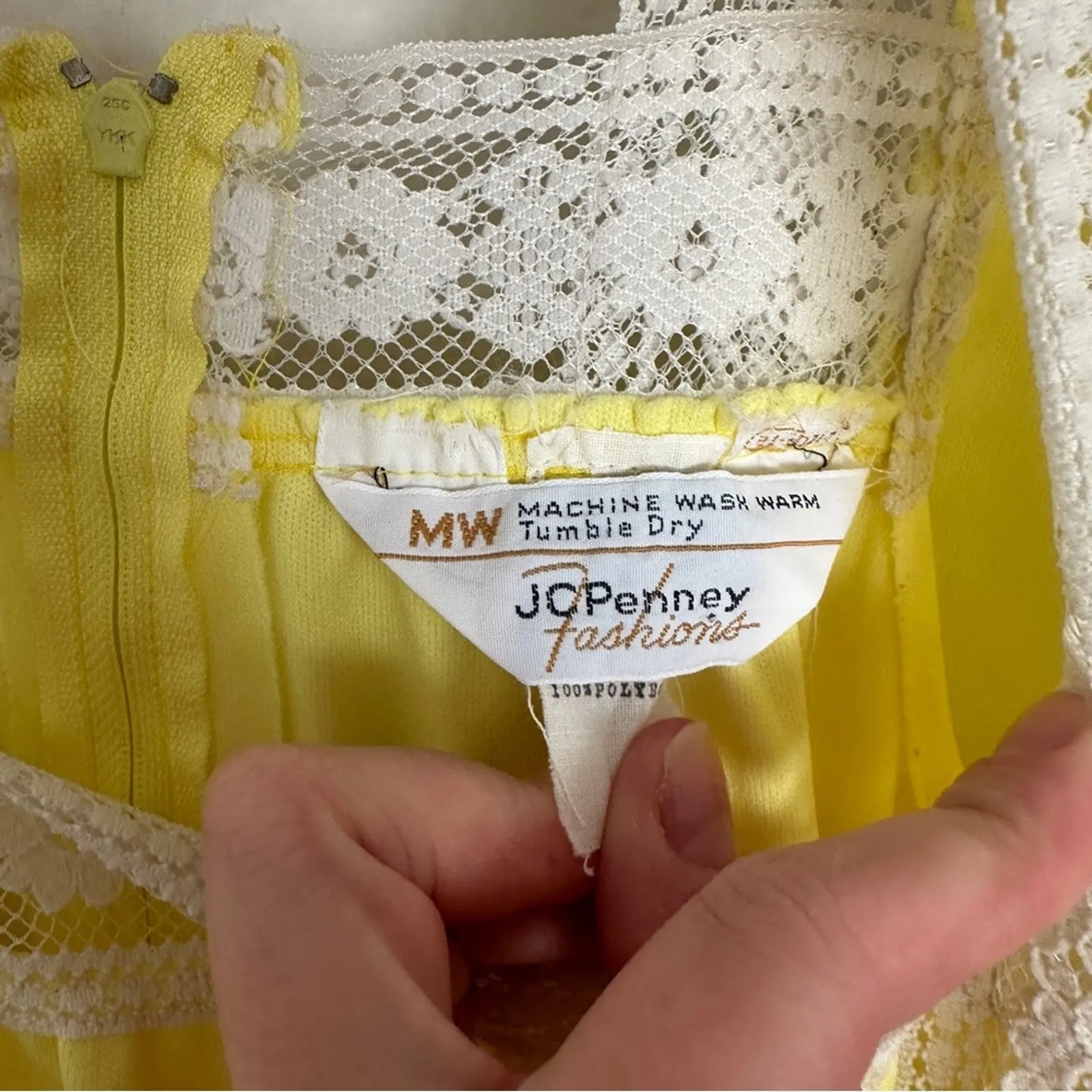 Vintage 70s JCPenney Sz 5 Yellow Maxi Dress with Lace Trim Crochet Boho - Image 4