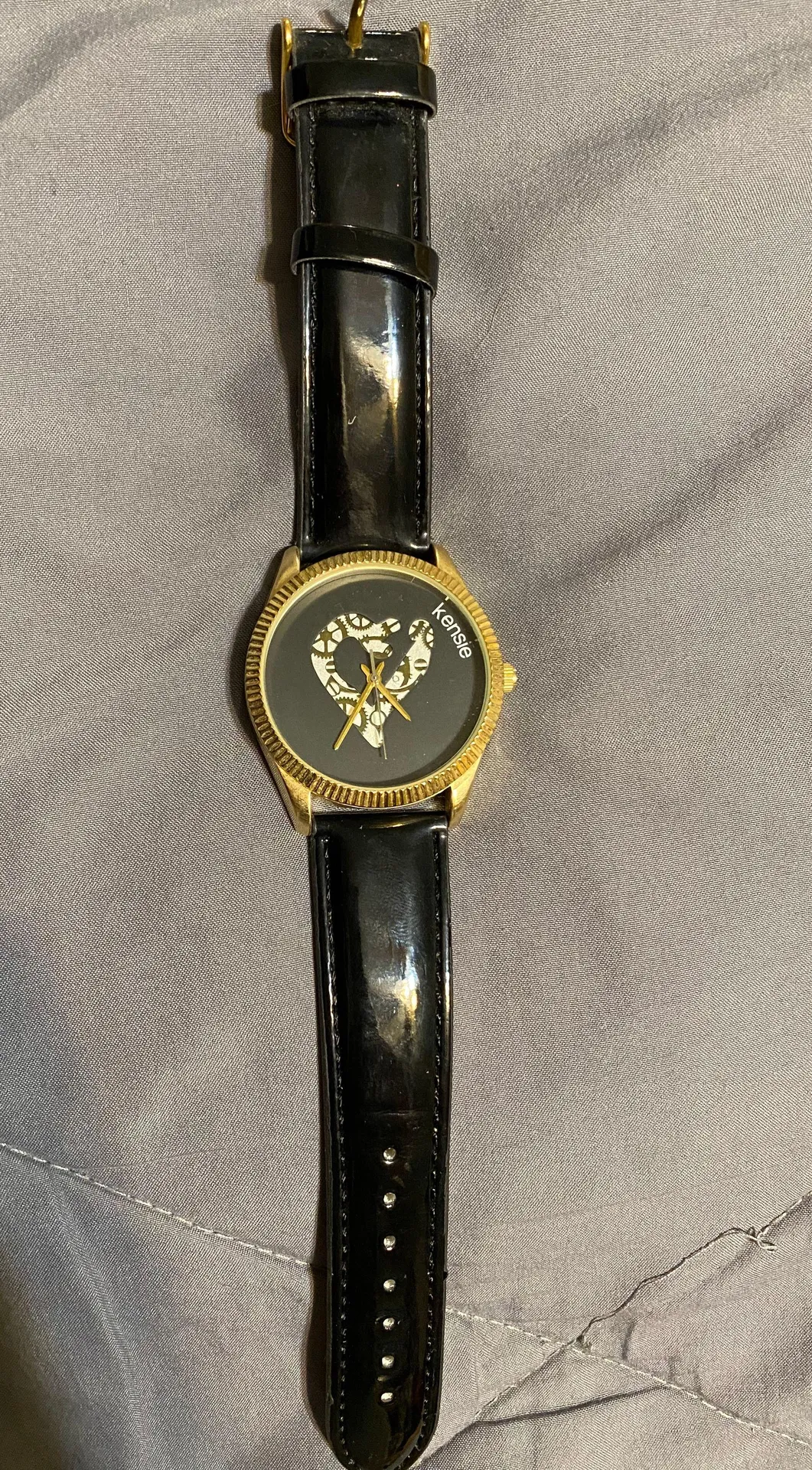 Women's Black Gold Gear Heart Patent Strap Watch - Image 3