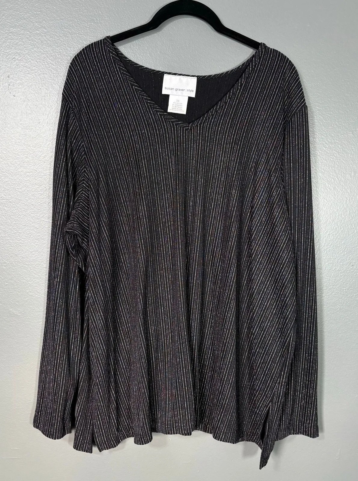 Susan Graver Minimalist Glam Black & Silver Striped Top - 2X - Women's Plus Size - Image 1