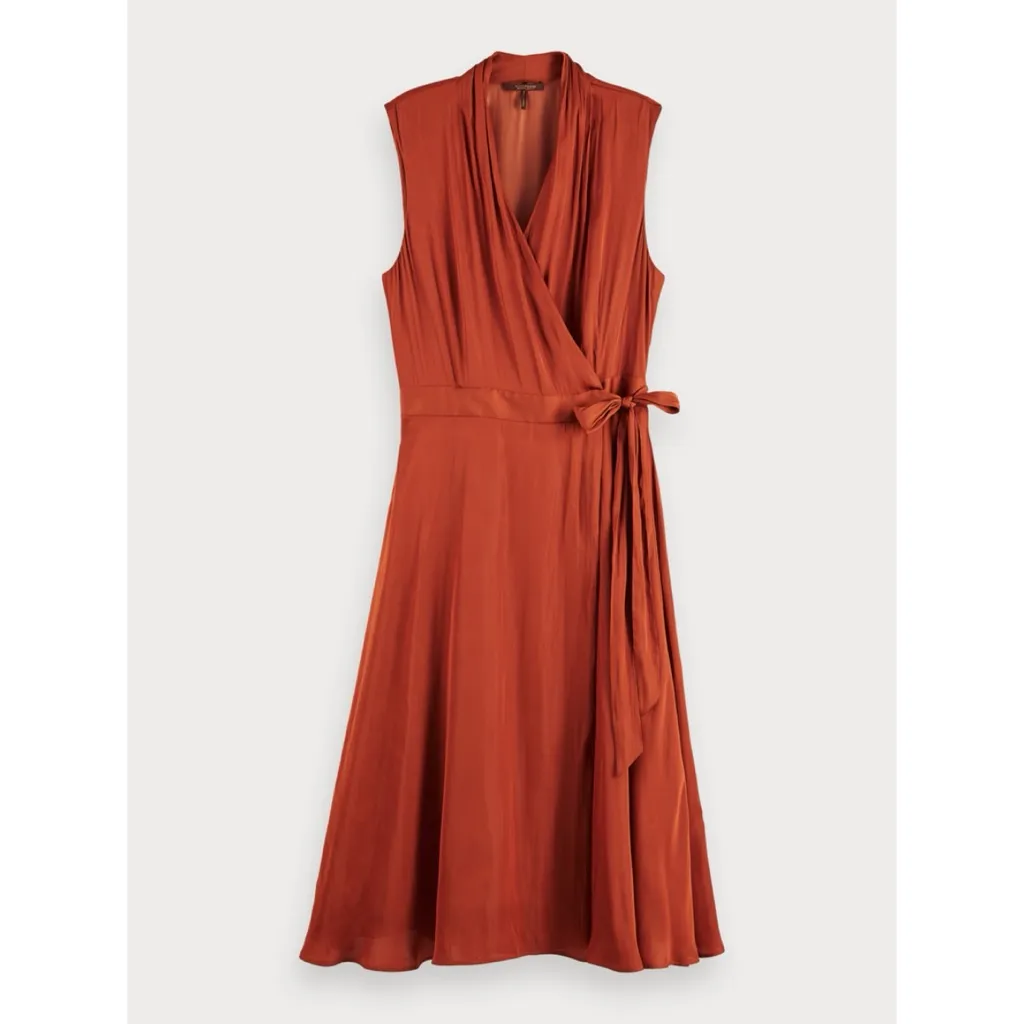Scotch & Soda | Sleeveless Satin Midi Wrap Dress in rust - Image 3
