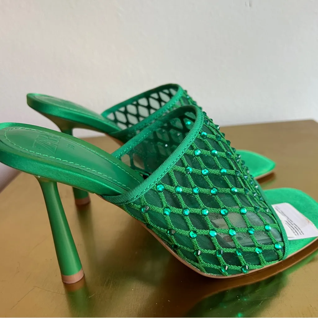 NWT Zara Green Rhinestone Mesh Mule Heels - Image 10