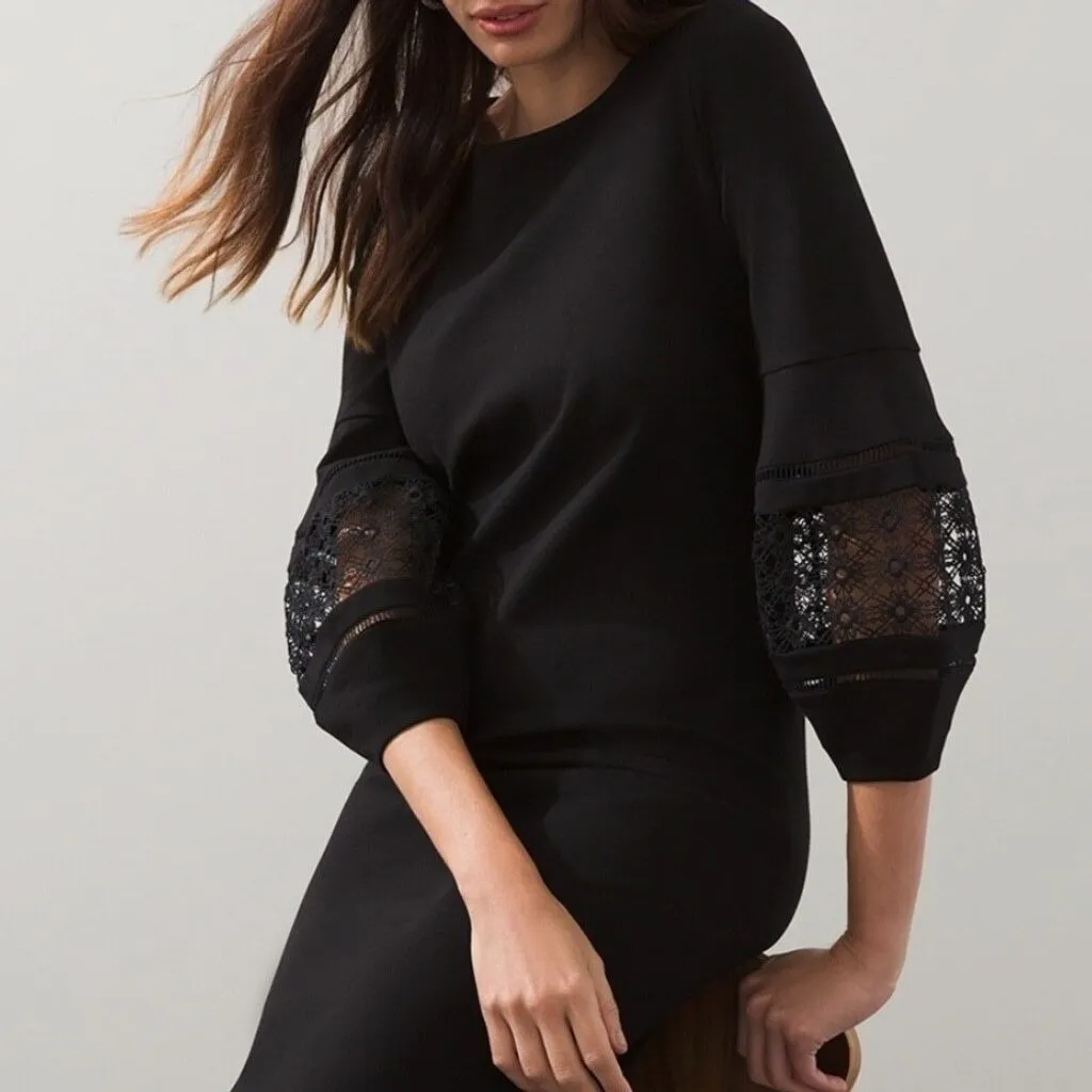 Chicos NWT Black Lace Ponte Balloon Sleeve Sheath Dress Size 4 Stretch Midi - Image 4