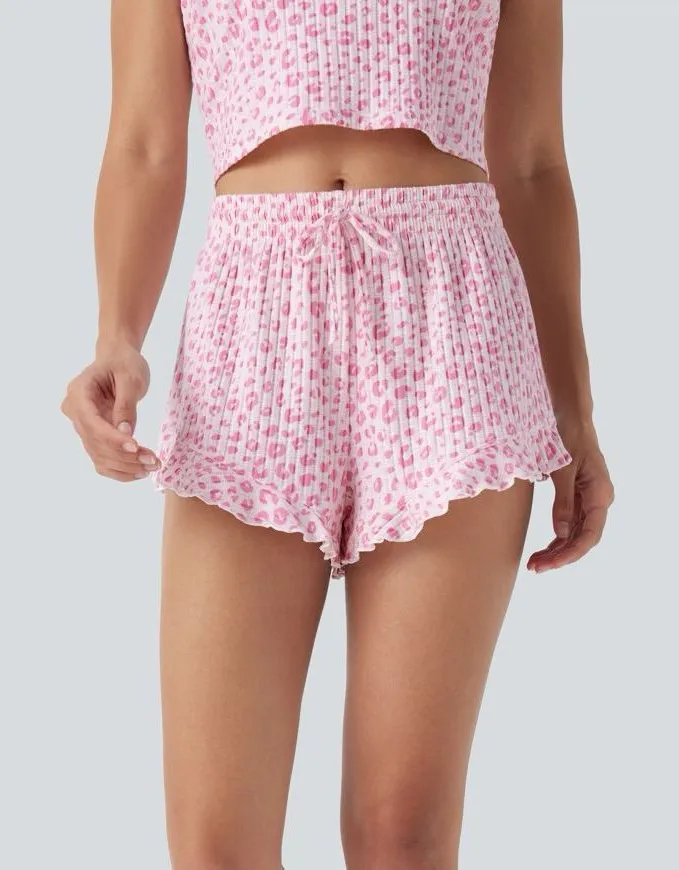 Halara NWT Mid-Rise Leopard Print Lounge Shorts – Pink | Ruffle Hem | M - Image 1