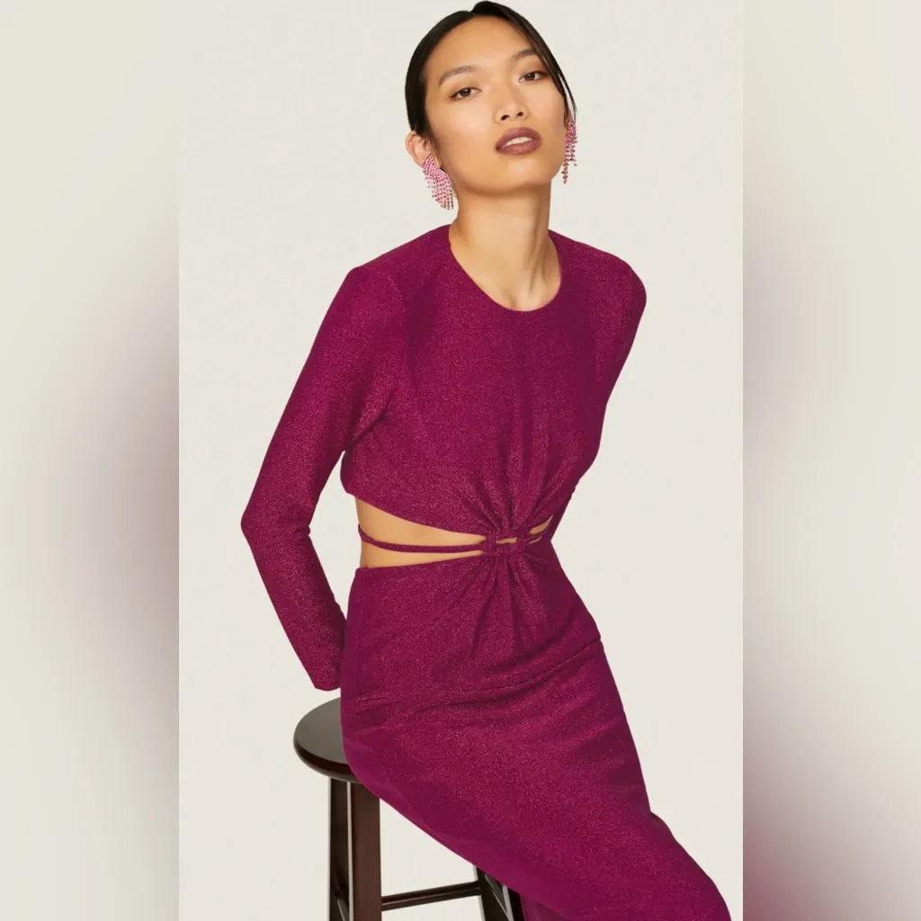 ML by Monique Lhuillier Elegant Purple Metallic Knit Long Sleeve Dress Size 10 - Image 3