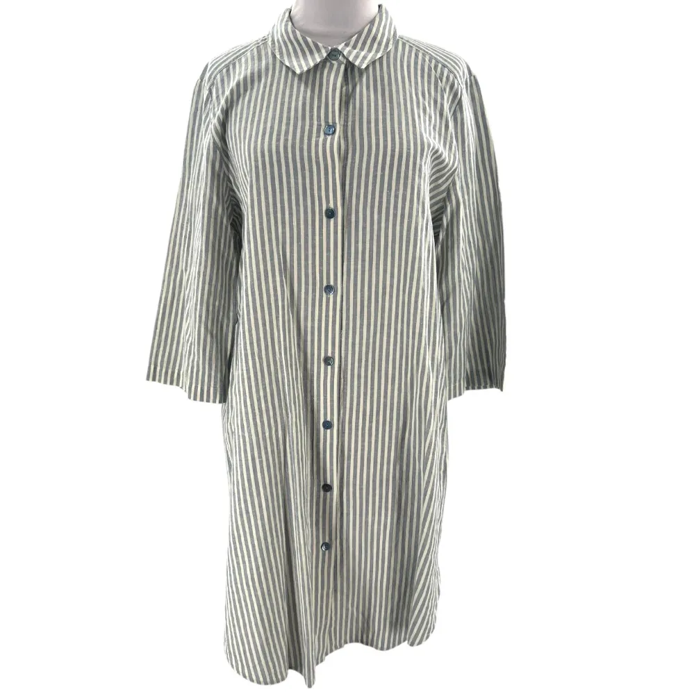 Eileen Fisher Chambray Hemp Striped
Shirt Dress Tunic Sz M blue white - Image 7