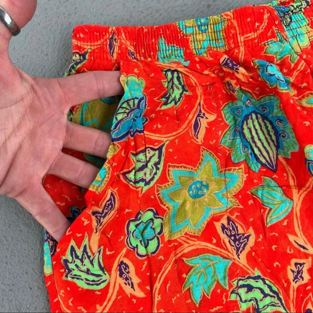 Vintage bold tropical floral high rise elastic waist lounge shorts with pockets Orange Size L - Image 2