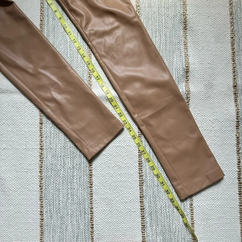 Zara Beige Camel Tan Faux Leather Slim Leg High Rise Pant Hem Slit Women’s Small - Image 6