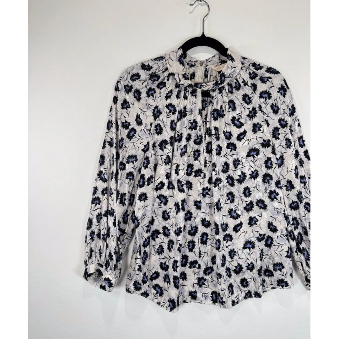 Rebecca Taylor Women Top Blue Thistle Fleur Floral Silk Blend Blouse Boho Size 8 - Image 5