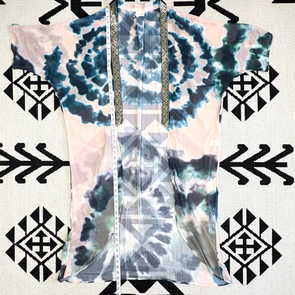 Suki So Goddess Sheer Tie Dye Gold Metallic Accent Kimono in Ocean One Size Blue - Image 9