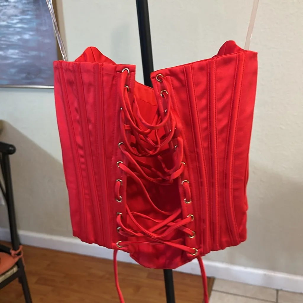 House Of CB 'Genevieve' Scarlet Satin Lace‎ Back Corset XS NWOT - Image 4