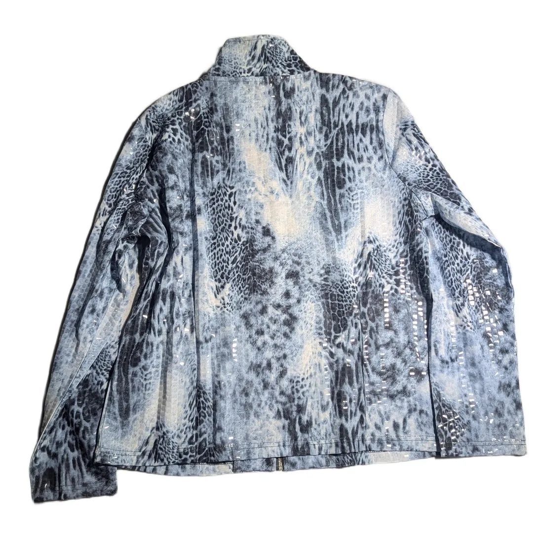 Vtg Y2K ELCC Blue Black Leopard Print Clear Sequin Mock Neck Zip Up Jacket M Size M - Image 2
