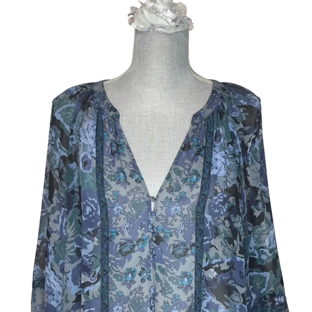 JOIE Anthropology Top Blue Green 3/4 Long Sleeve Silk Florals size M - Image 6