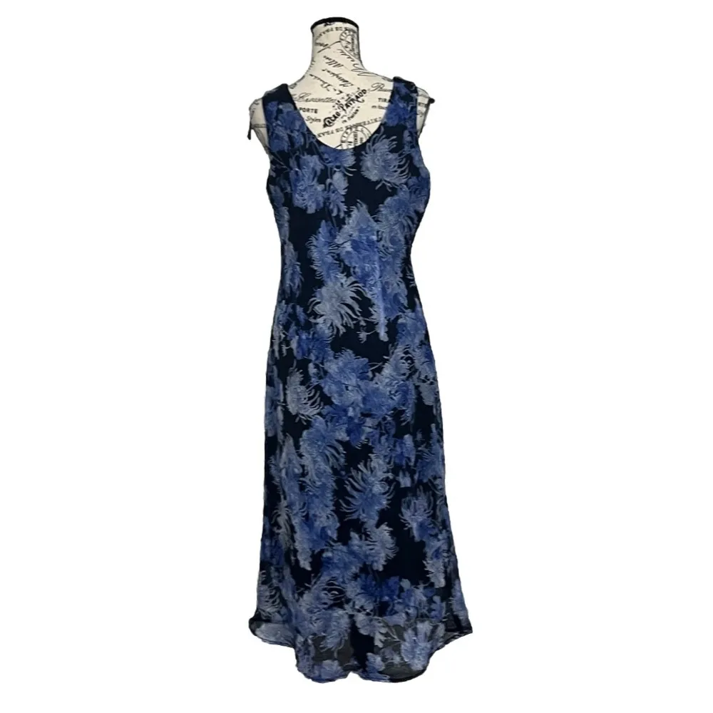 K Petite Blue Floral 90 Vintage Y2k Retro Maxi Crinkle Dress Fairy Cottegecore Size 12P - Image 4