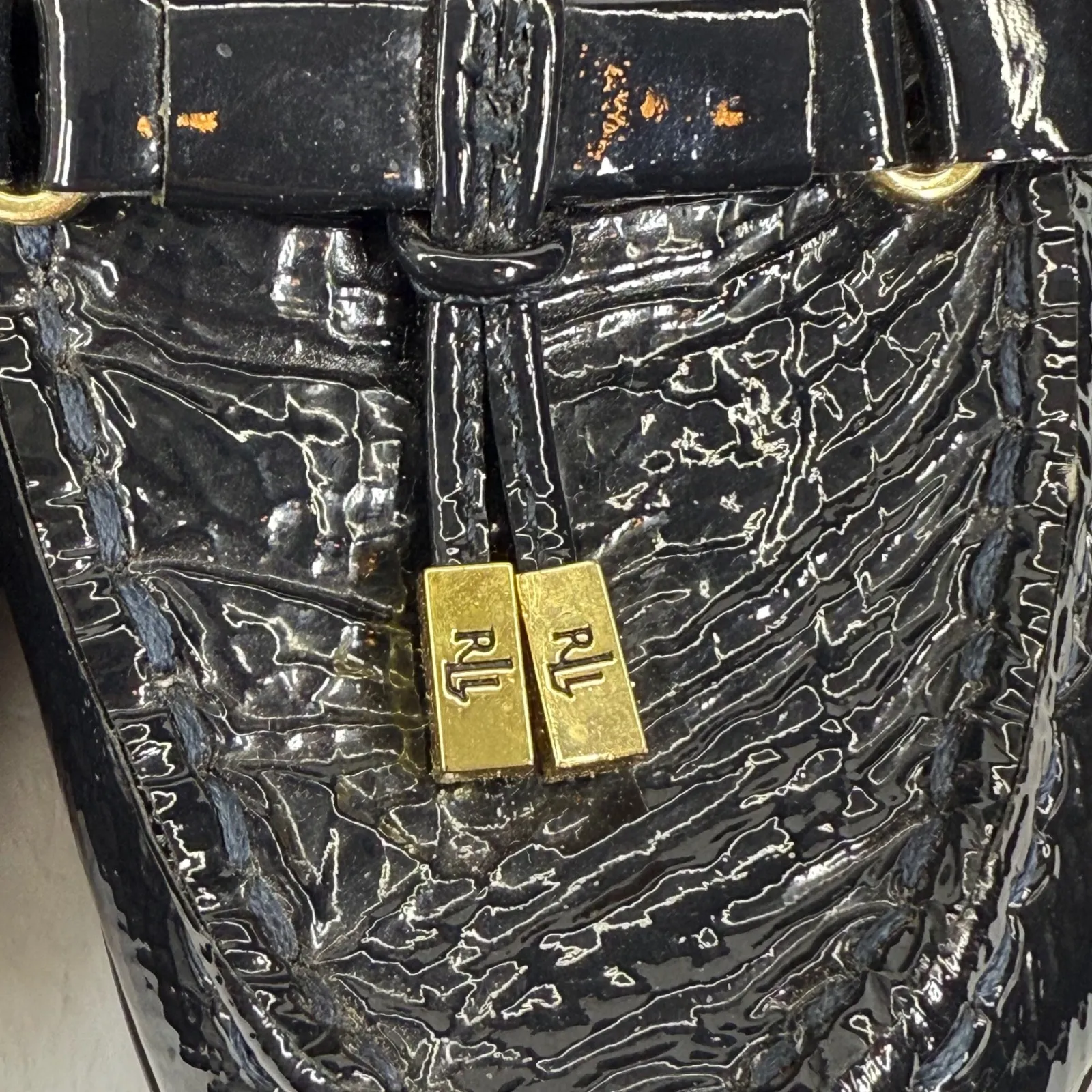 Lauren‎ Ralph Lauren Black Patent Leather Wedge Loafers with Gold Accents 8 READ - Image 4