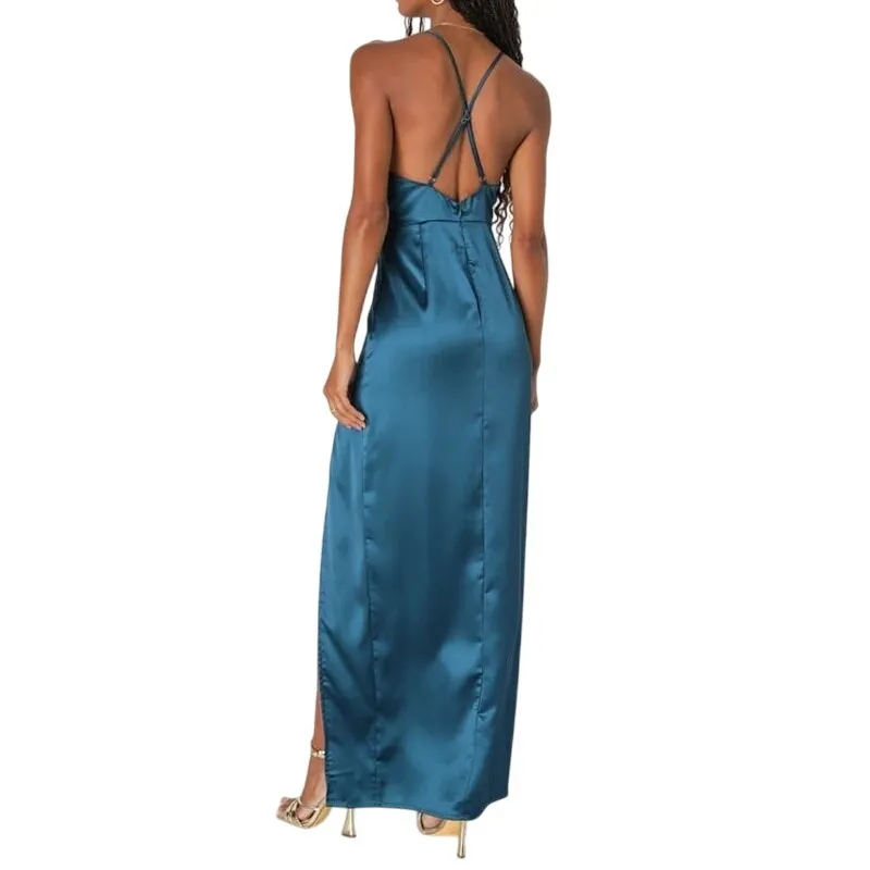 Lulus Maxi Dress XL Teal Blue Satin Gown Divine Entrance Criss Cross Back Slit - Image 5