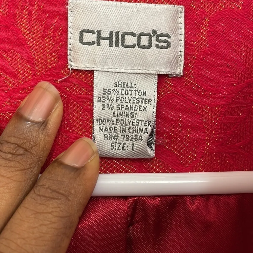 Chico’s Red and Gold Metallic Thread Open Jacket Size 1 US Size 8/10 - Image 4