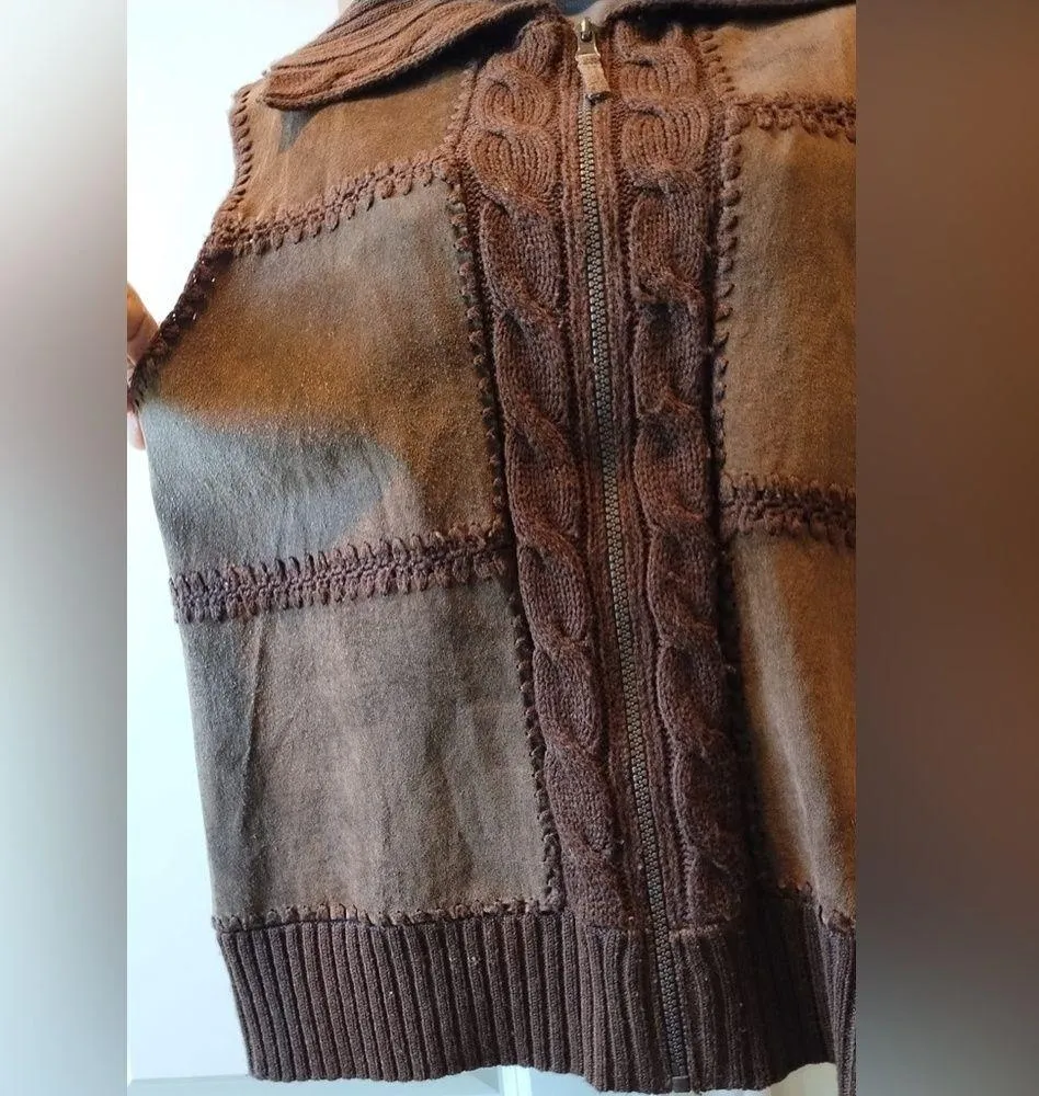 Designer Studio Original VINTAGE Brown leather and knit patchwork vest M Size M - Image 3
