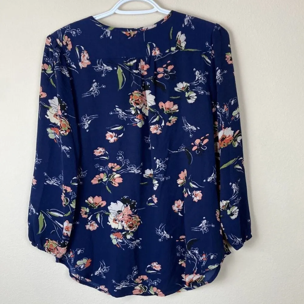 Fun2Fun Navy Floral Split Neck Kenmore Pullover‎ Blouse Size XS (N2) NWOT Blue - Image 4