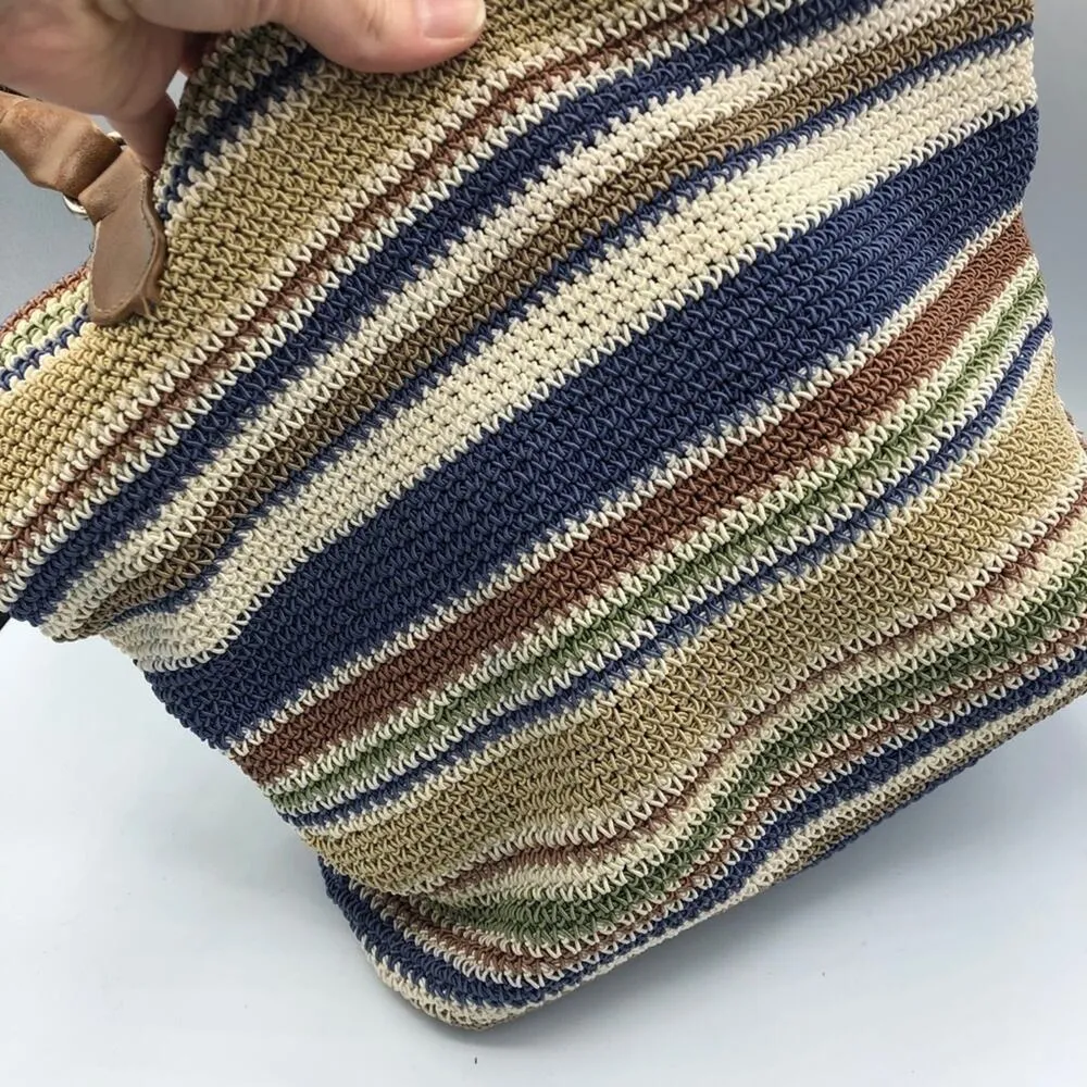 Blue & Tan Woven Shoulder Handbag Faux Leather Straps Beachy Hobo Boho Bag - Image 2