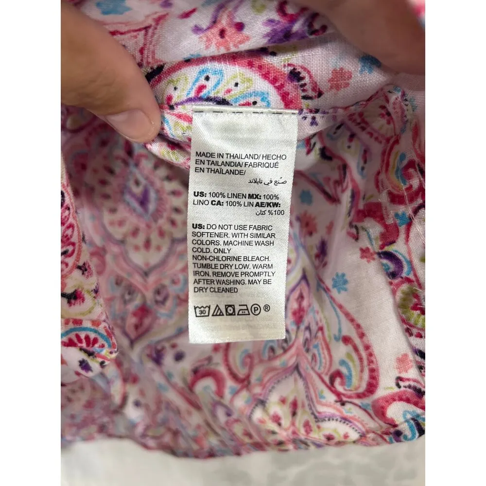 Chicos Button Up 3 XL Pink Paisley 100% Linen Long Line 3/4 Sleeve - Image 7