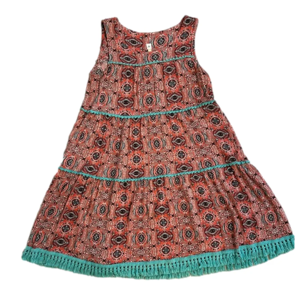 Uncle Frank coral mandala shift dress with piping and fringe, EUC size S - Image 8