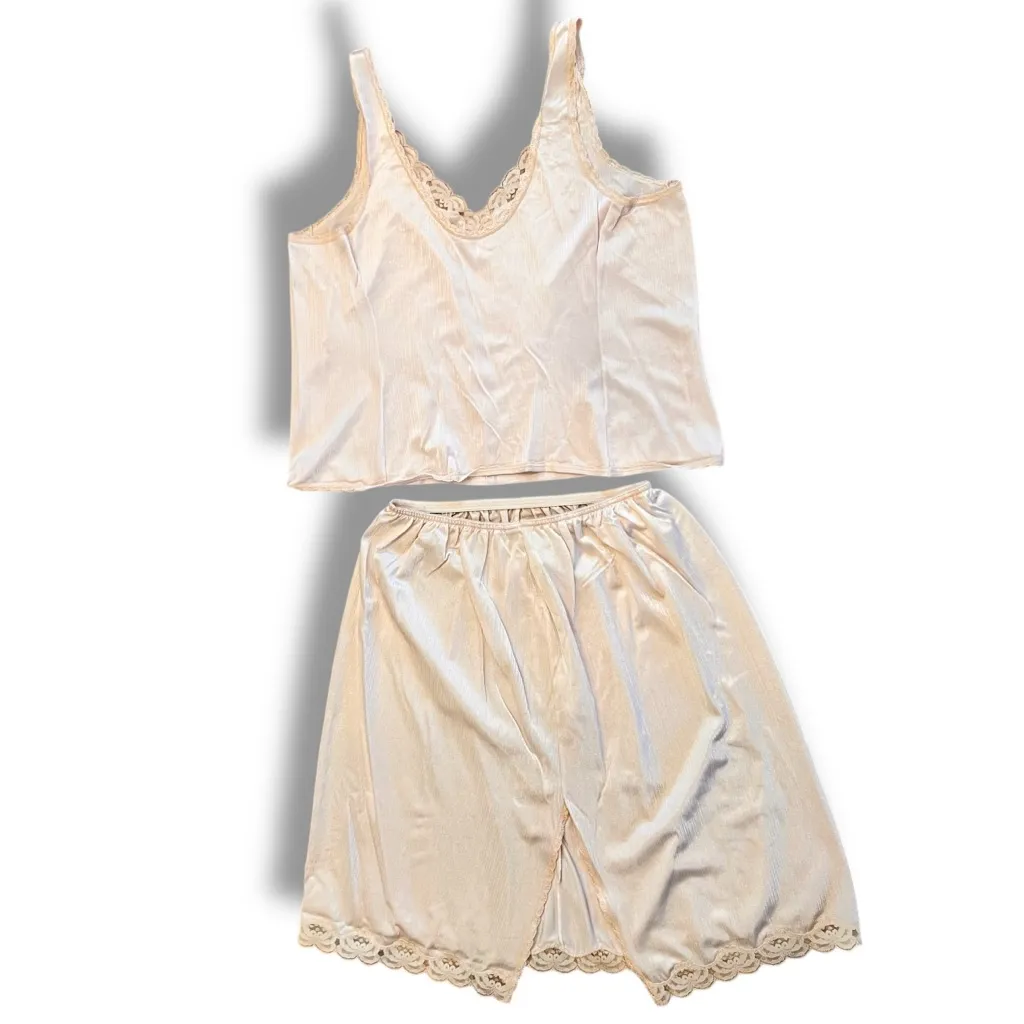 Vtg JC Penney Lt Rose Antron Nylon Lace Camisole & 1/2 Slip Lingerie Sz L - Image 2