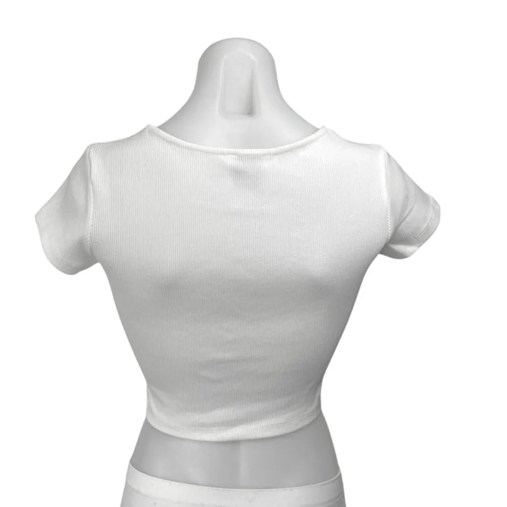 Princess Polly White Ribbed Knit Short Sleeve Crew Neck T Shirt Tee Crop Top 4 - Image 2