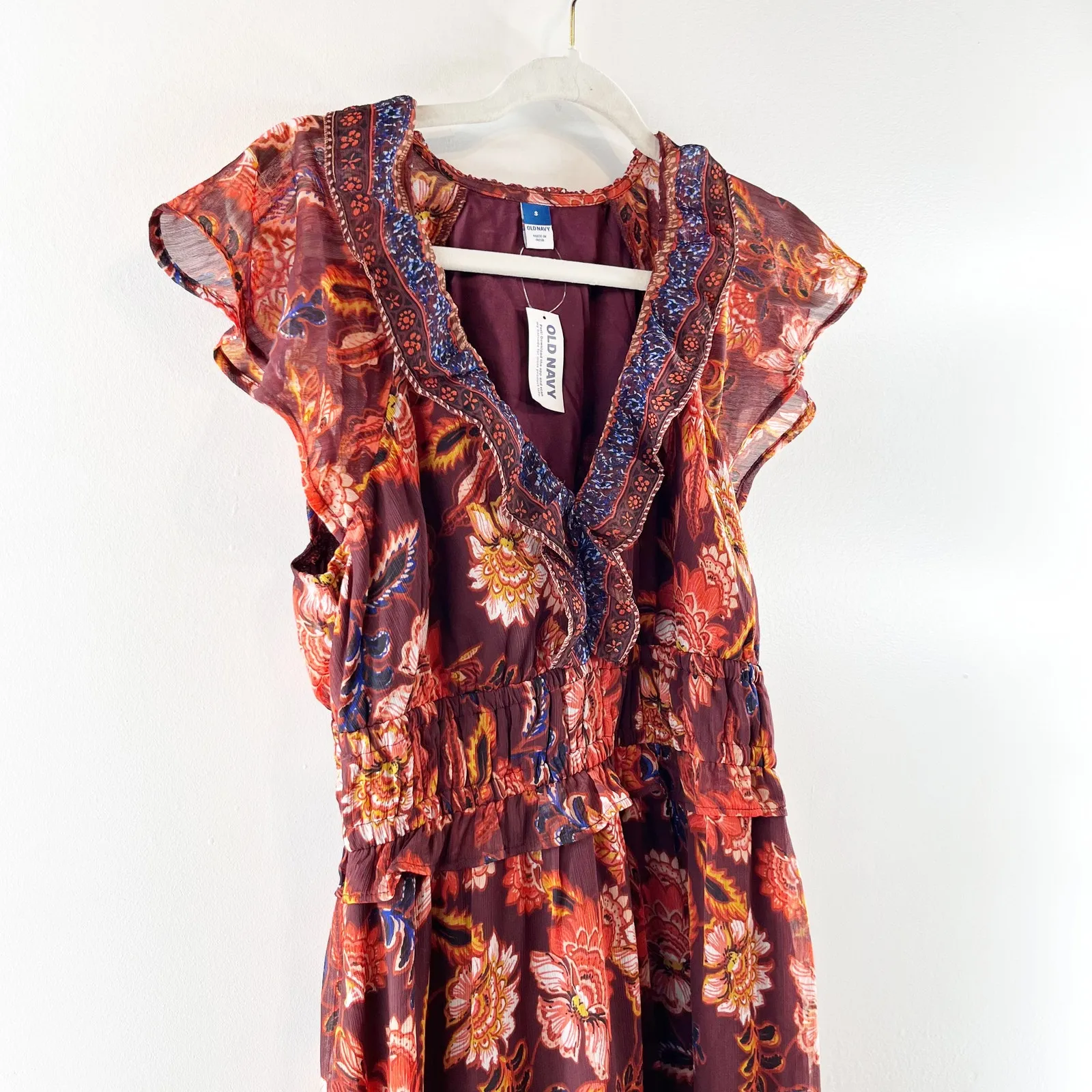 Old Navy Waist Defined Flutter Short Sleeve Floral Midi Dress Rust Red Small - Image 10