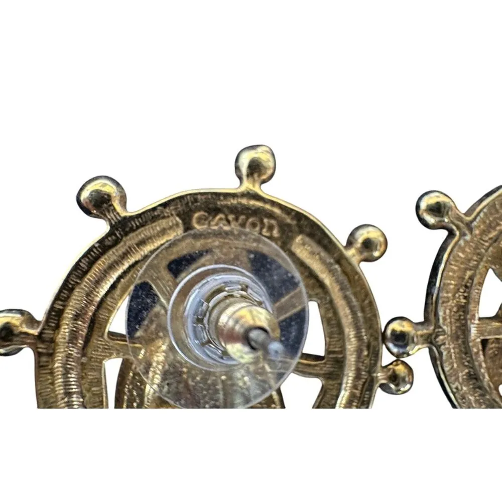 Vtg Avon Sailboat Earrings Heim Frame 1 1/4" Blue & Ivory Enamel Gold Circle - Image 4