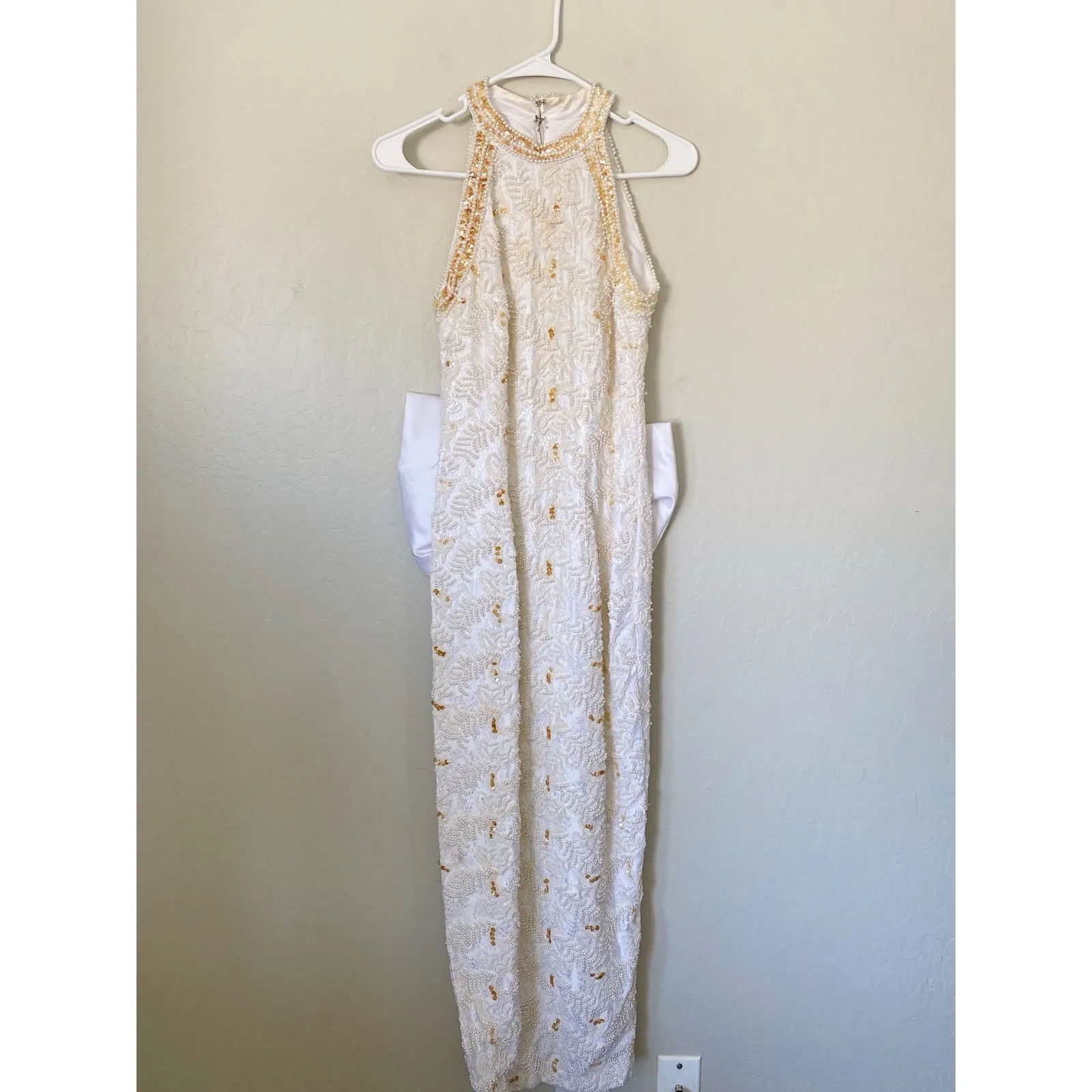 Vintage 90s Pearl Beaded Wedding Gown Size 12 Back Bow Old Money Bridal Dress White - Image 3