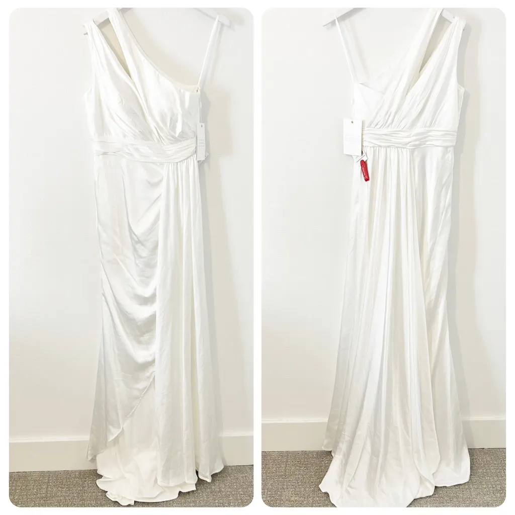 NWT Mac Duggal One Shoulder with Overskirt Dress White Satin Formal Size 6 - Image 3