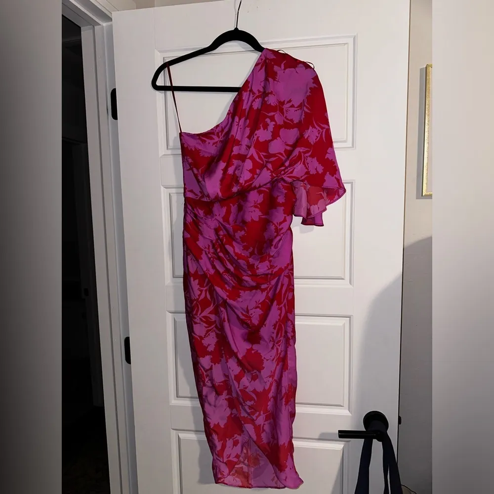 One Shoulder Pink and Red Midi Dress Size S - Image 4