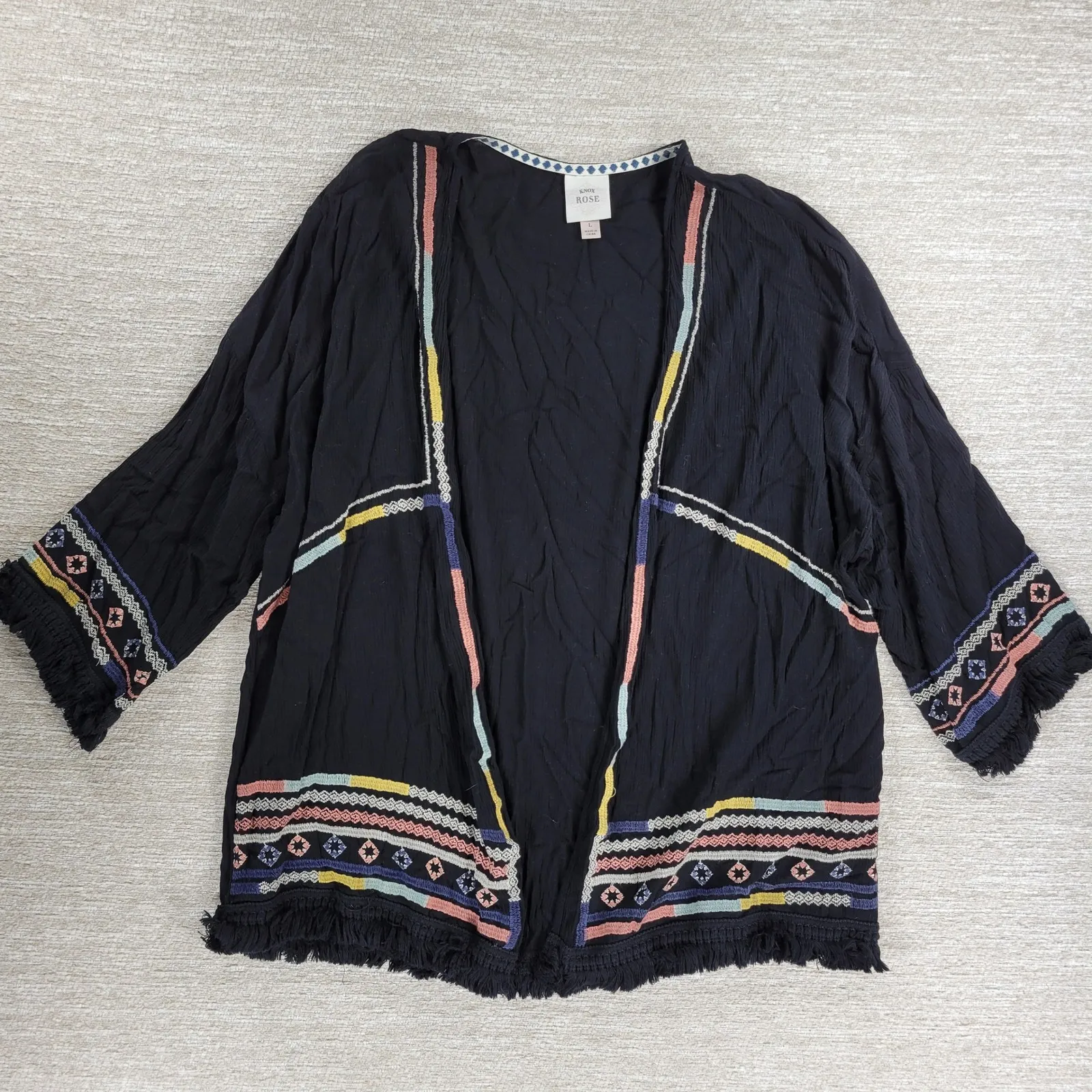 Knox Rose Black Embroidered Fringe Kimono Cardigan Size L Boho Festival - Image 3