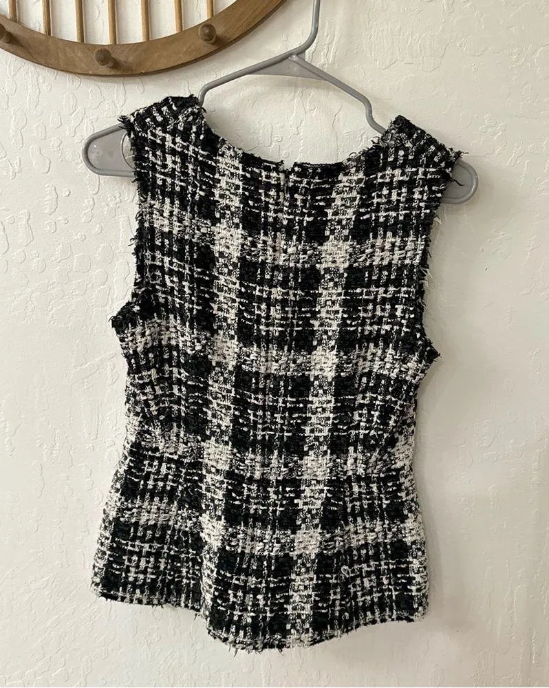 Theory Sculpted Tweed Black Cream White Sleeveless Lined Zip Closure Blouse S - Image 7