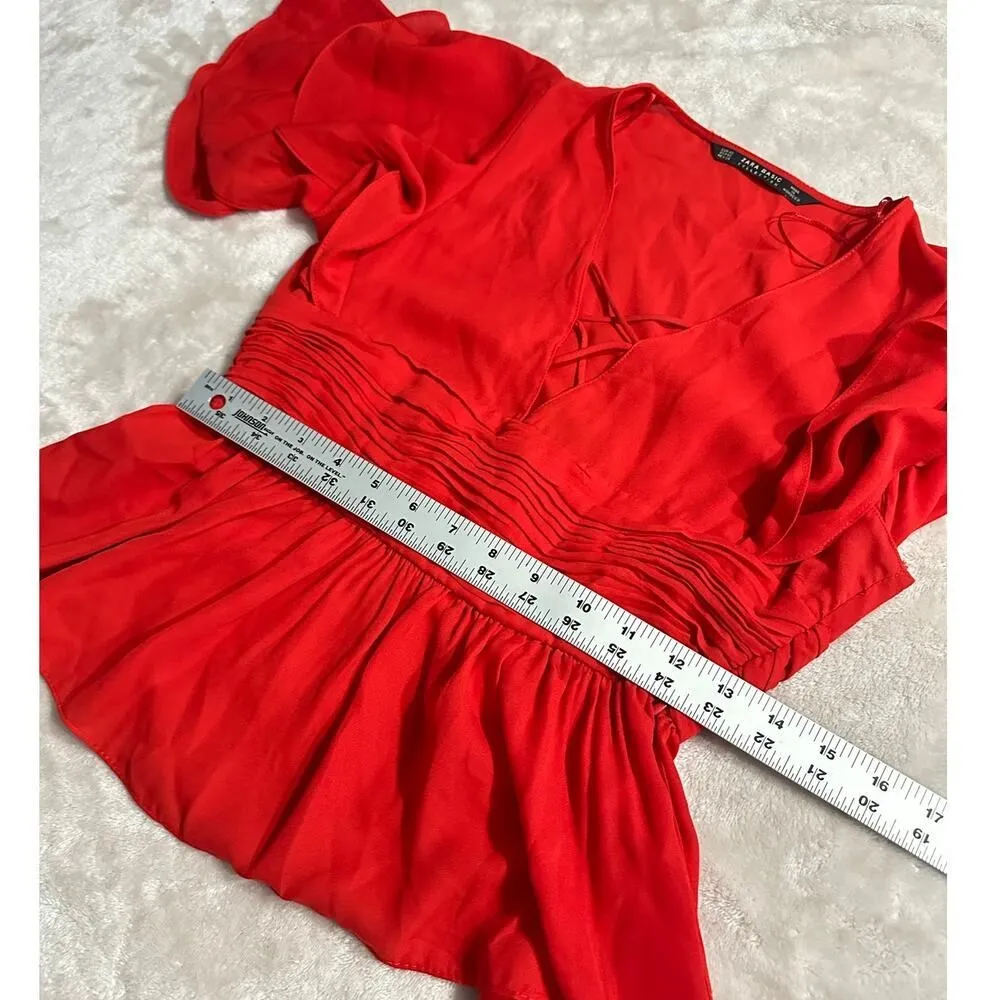 Zara Basic Blouse Women's XS Red Ruffle Sleeves Peplum V-Neck Cross Front Zip Up - Image 6