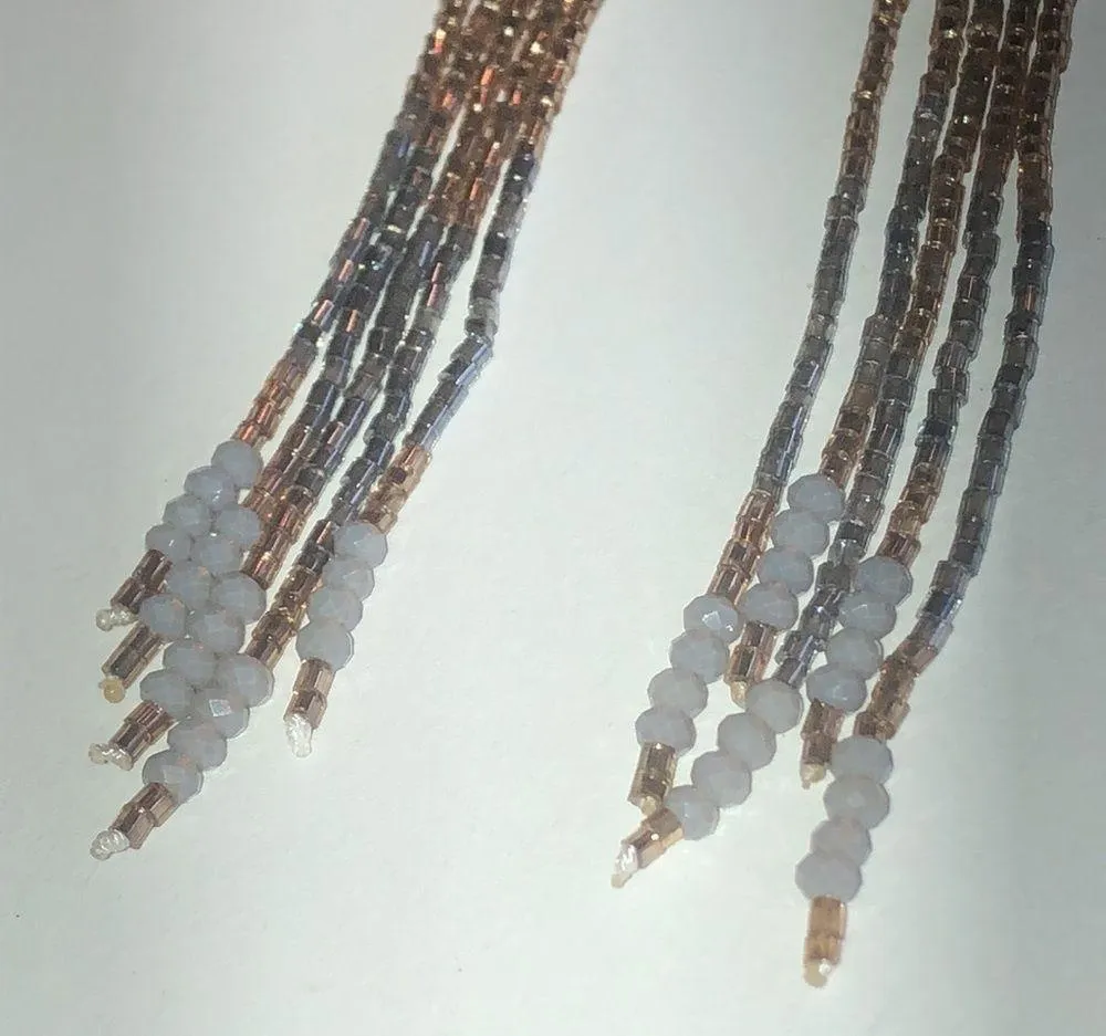 Gray & Gold Tone Seed Bead Beaded Boho Shoulder Duster Dangling Pierced Earrings - Image 4