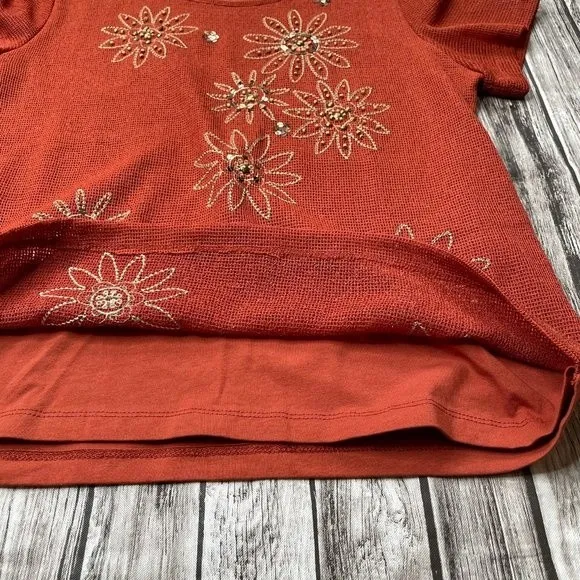 Alfred Dunner Petites Floral Embroidered Tee Shirt T-Shirt Mesh Beading Small P - Image 6