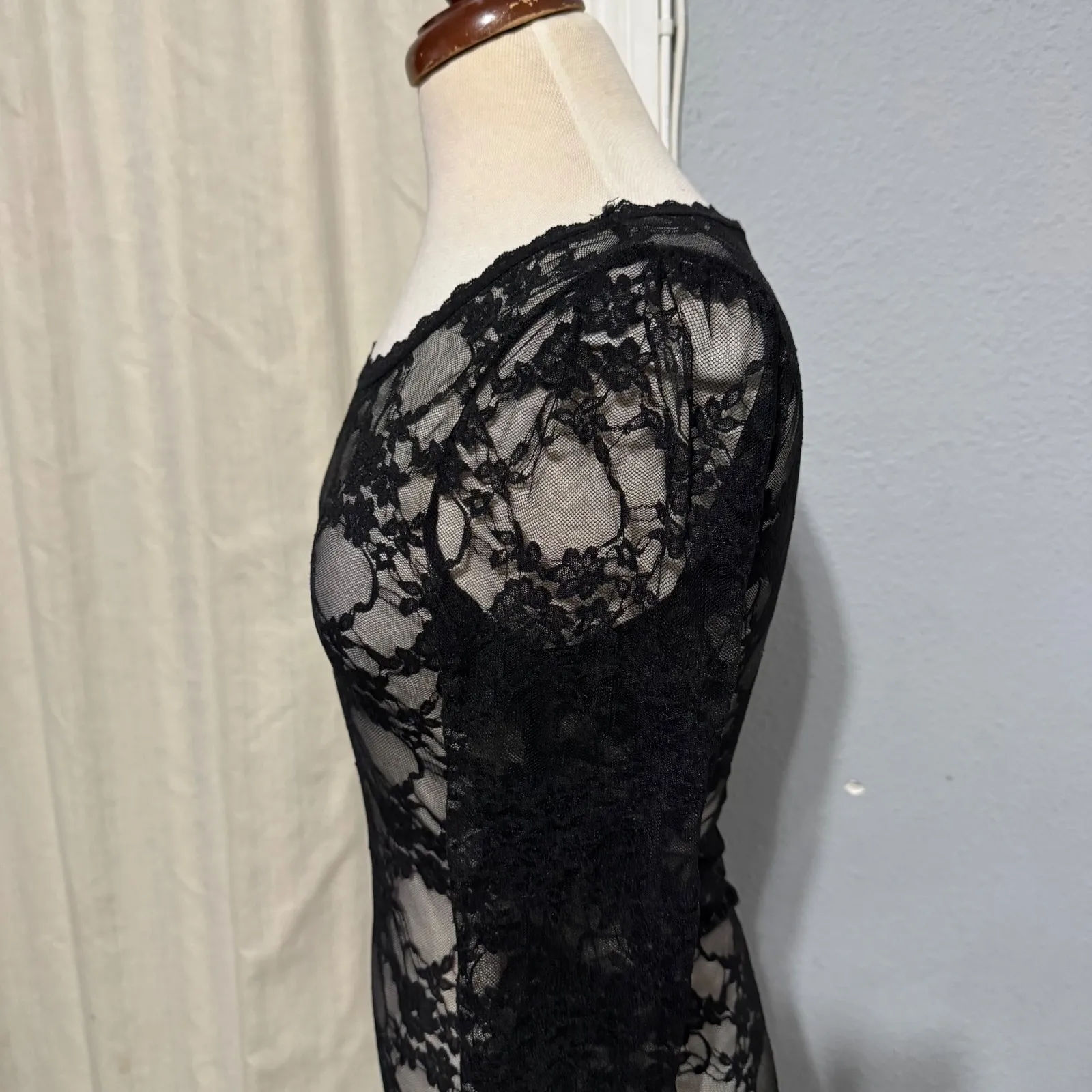 Y2K Fairy Bozzolo Black Lace Sheer Long Sleeve Top V-Neck Women M Whimsigoth - Image 4