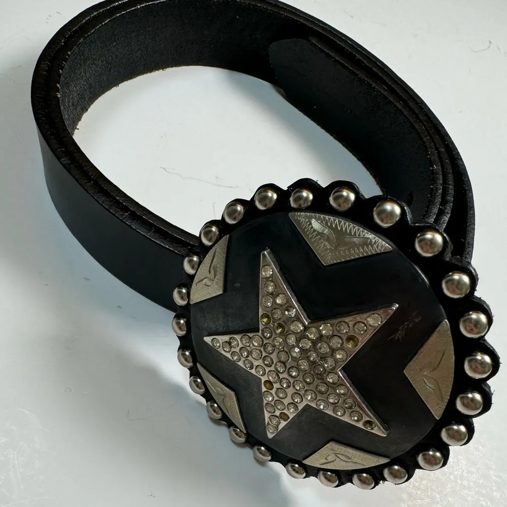 Vintage Cowboy Decor Lonestar Leather Belt with Rhinestone Buckle sz 36 Studded Black - Image 12