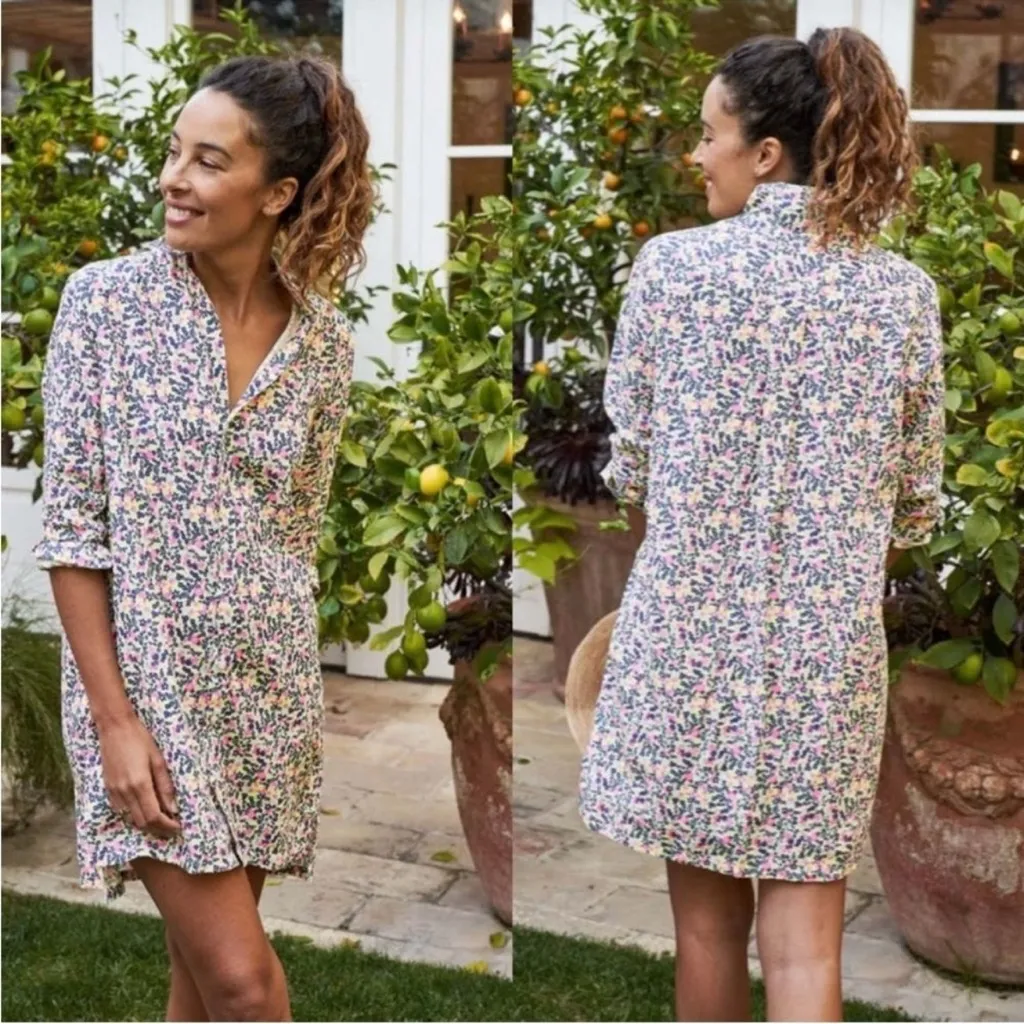 FRANK & EILEEN Sz XS Bright Neon Floral Linen Hunter Step Hem Shirt Dress - Image 2