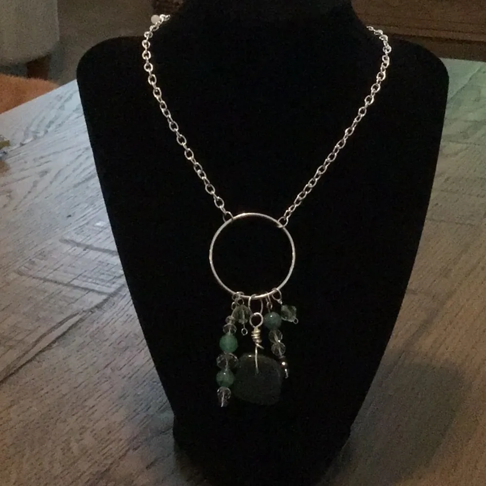 Green jade stone necklace with glass beads, 9” necklace with 3” pendant - Image 2