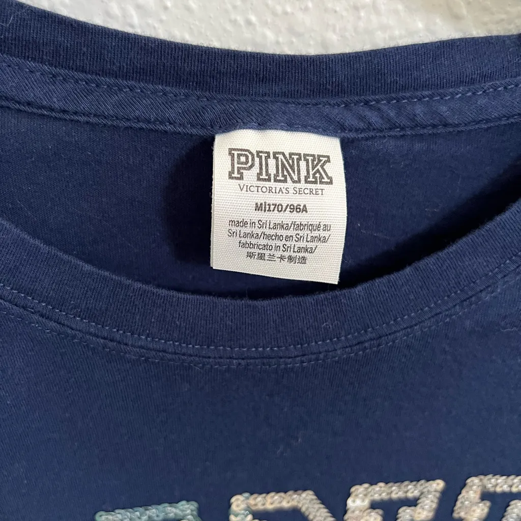 PINK Victoria's Secret navy blue long sleeve tee with bling detail front and arm - Image 4